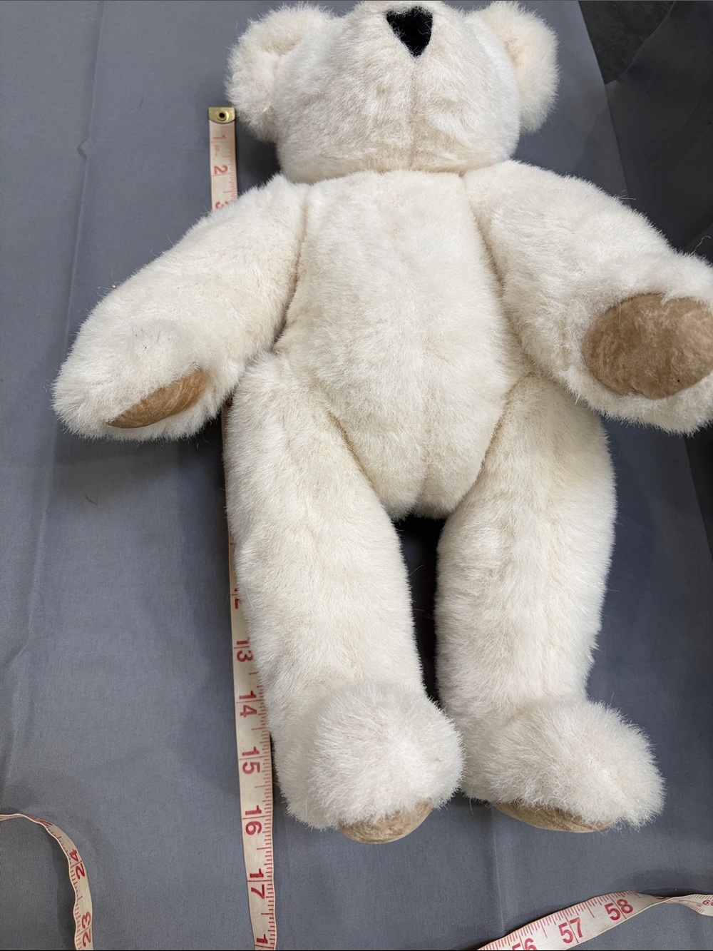 The Vermont Teddy Bear Company white poseable bear with tan paws and black nose - Picture 12 of 14